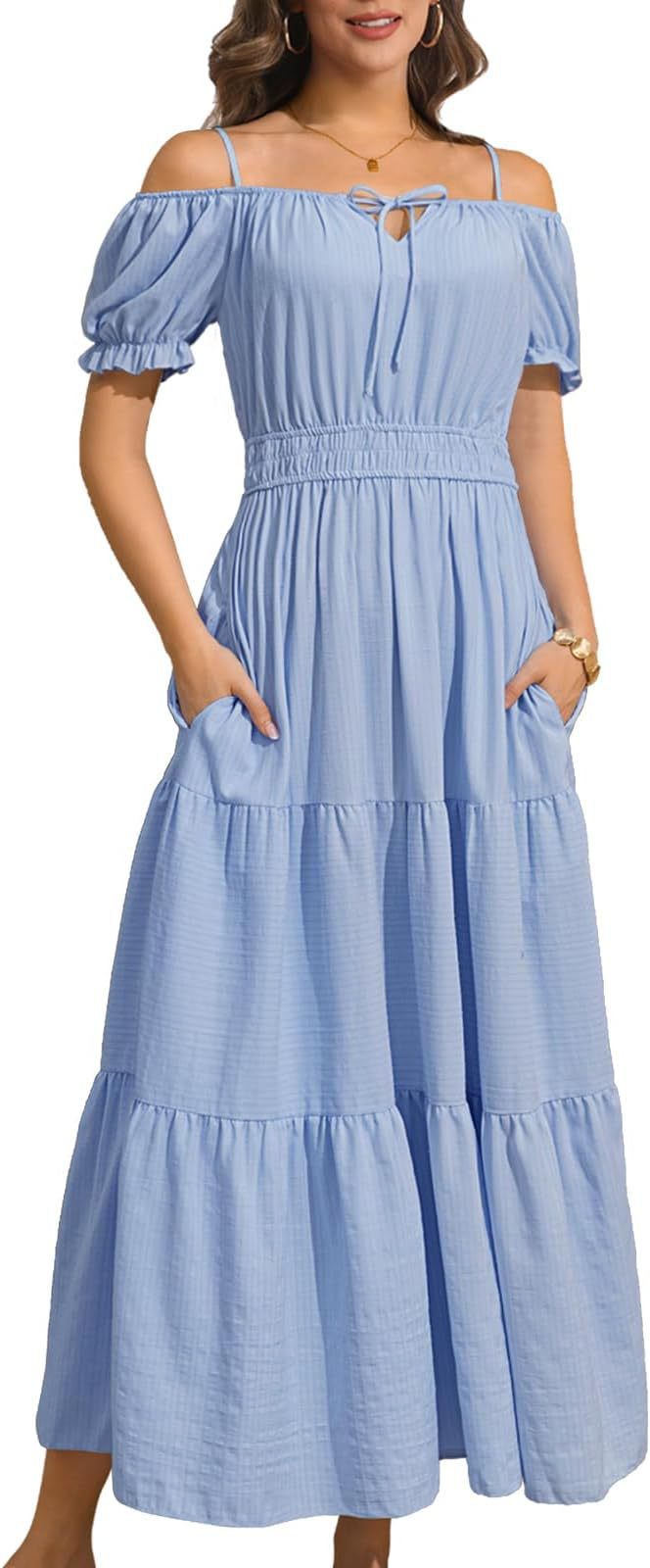 Women's Off-Shoulder Puff Sleeve Midi Dress Casual Beach A-Line