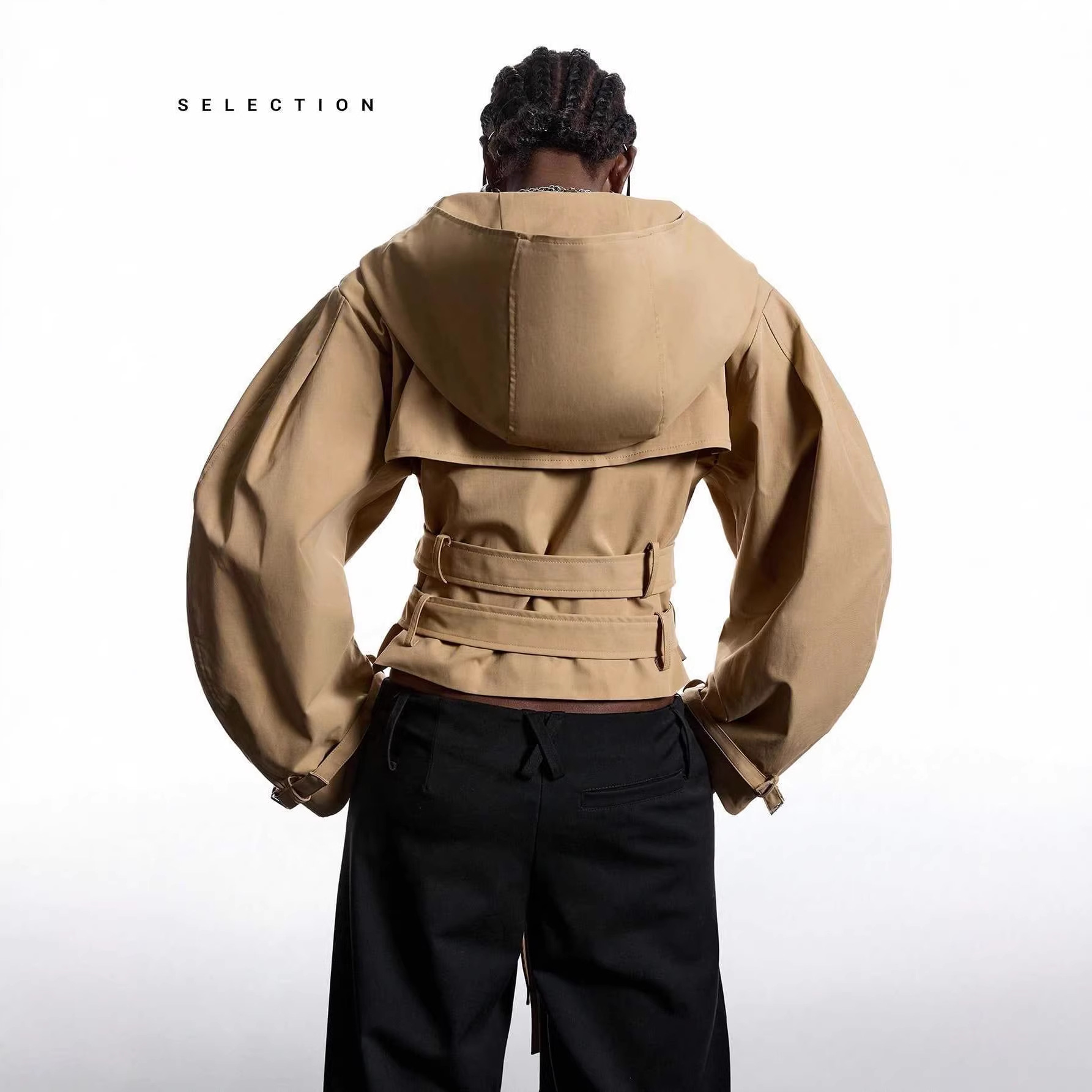 Women's Double-Breasted Cinched Waist Jacket with Large Lapel