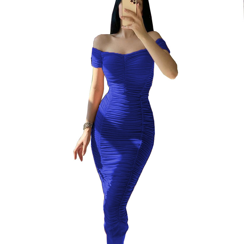 Women's Off-Shoulder Ruched Long Dress Solid Color Elegant Summer