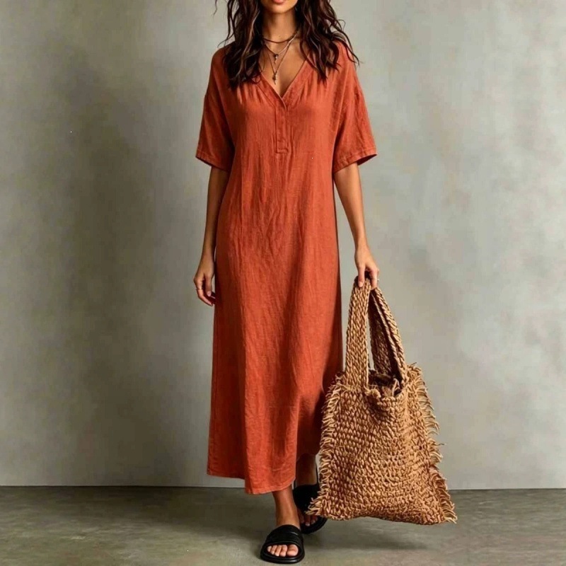 Boho Cotton-Linen Loose A-Line Maxi Dress with V-Neck and Short Sleeves