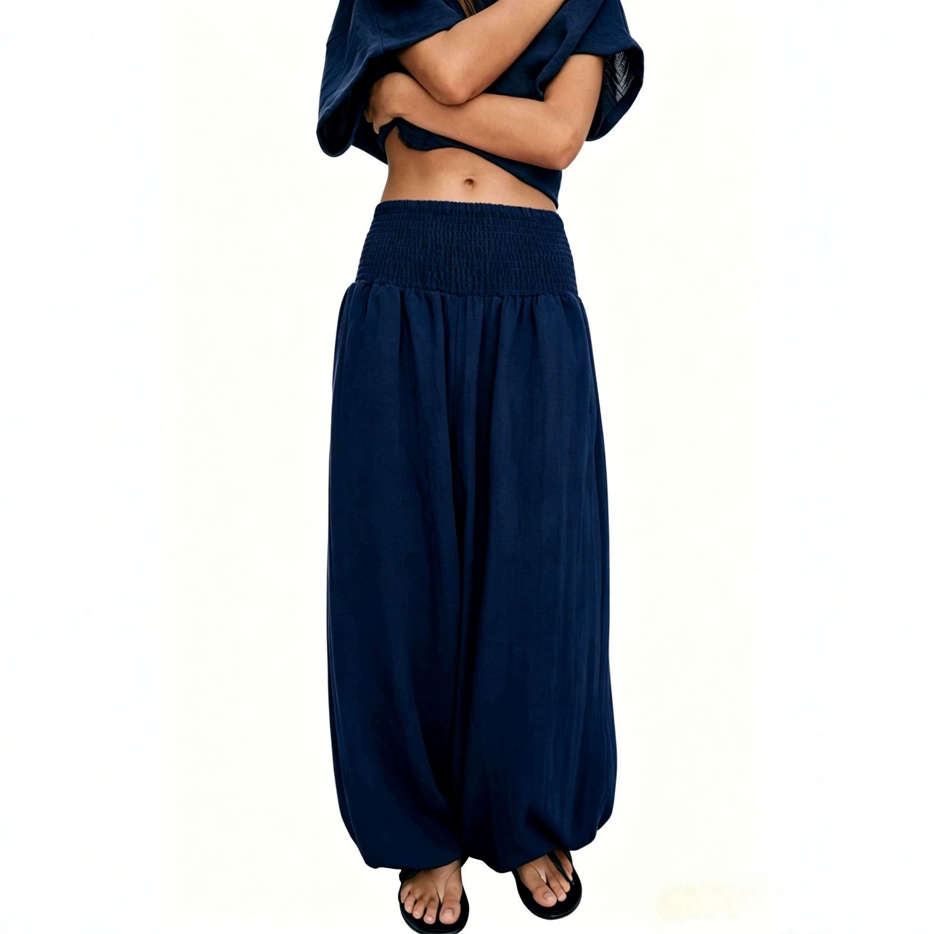 2026 Amazon New Hot-Seller Cross-Border Women's High-Waist Smocked Solid Color Cotton-Linen Fashion Casual Lantern Pants Wide-Leg Women