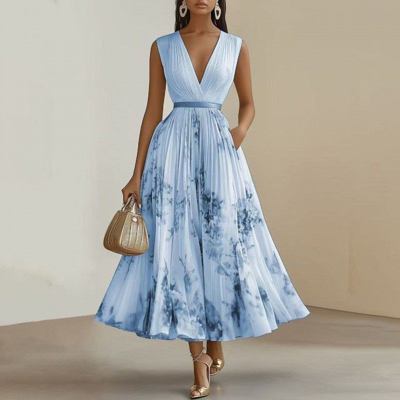 Women's Sleeveless Floral Print Maxi Dress with Oversized Pleated Skirt