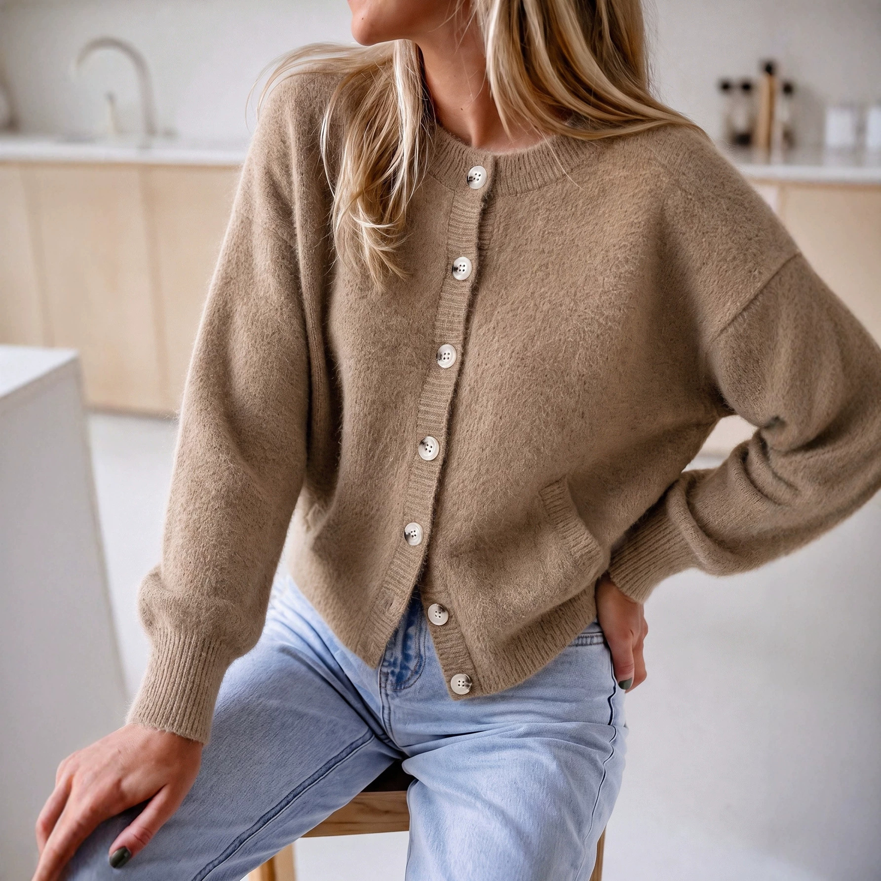 Soft Fuzzy Knit Cardigan Round Neck Button Front Cropped Loose Fit Long Sleeve with Pockets