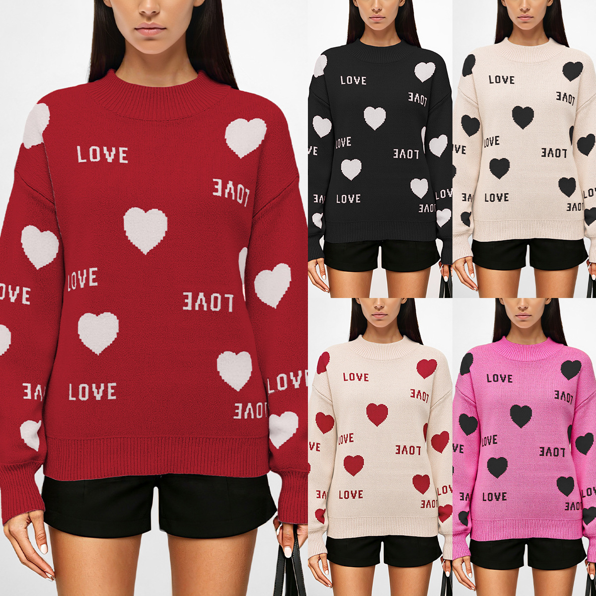 Heart Jacquard Pullover Sweater Crew Neck Loose Fit