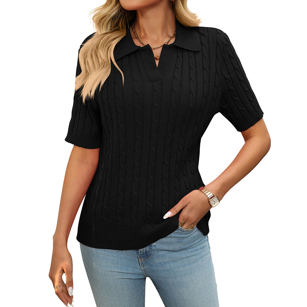 Women's Cable Knit V-Neck Polo Collar Short Sleeve Pullover Sweater