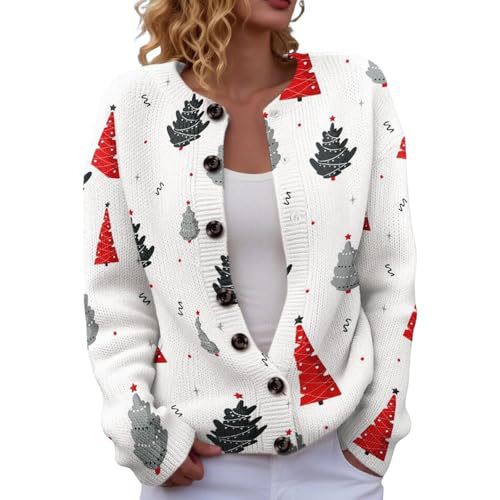 Women's Christmas Tree Snowflake Snowman Reindeer Print Button Cardigan Sweater