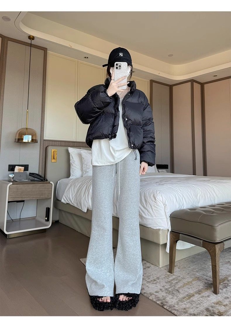 Dark Gray American-Style Flared Sweatpants for Women High-Waist Slimming Fleece-Lined