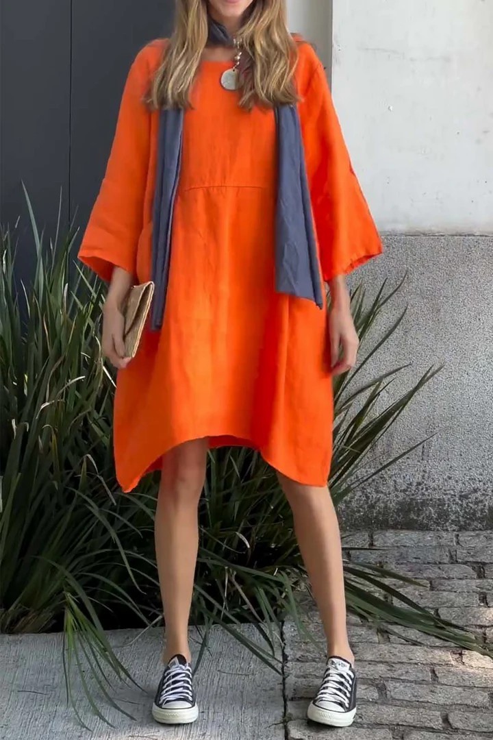 Women's Cute Solid Color Loose Casual Cotton Linen Dress with Pockets
