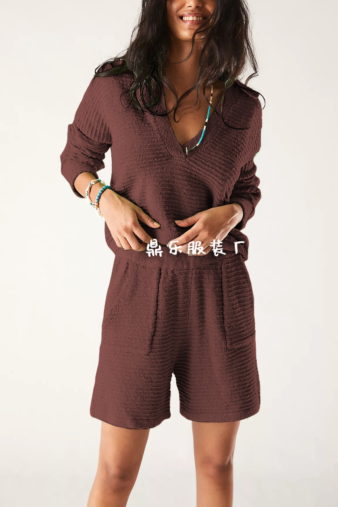 Women's Loose Knit Long Sleeve & Shorts Set