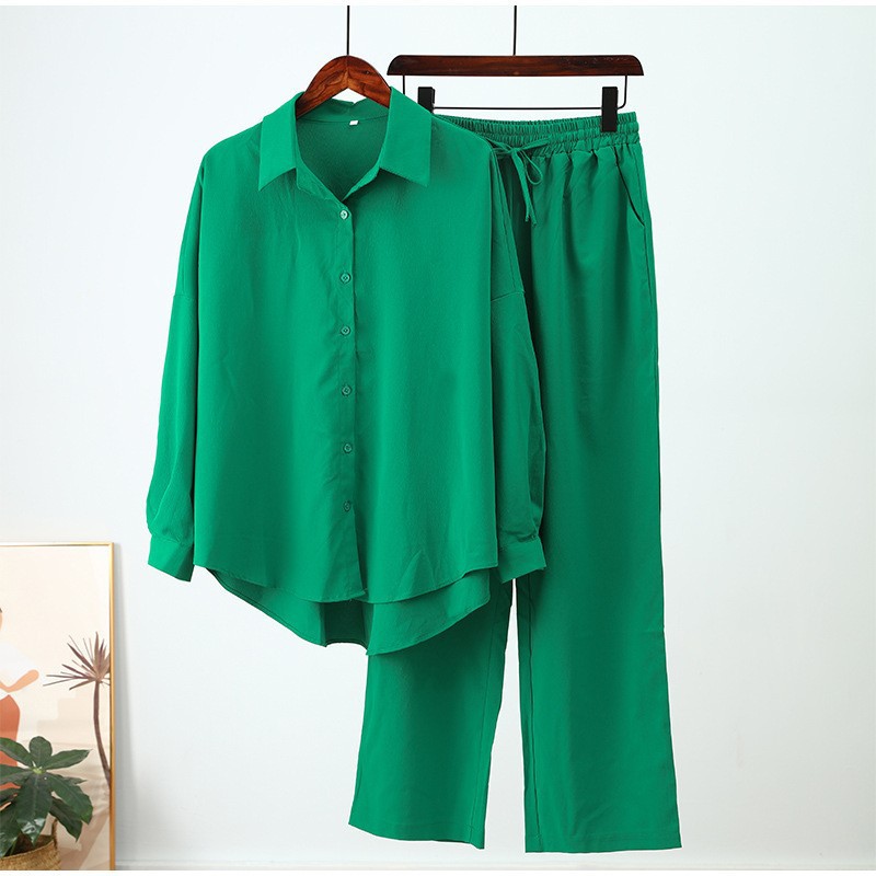 Women's Relaxed Stretch Crinkle Long Sleeve Shirt & Wide Leg Pants 2-Piece Set