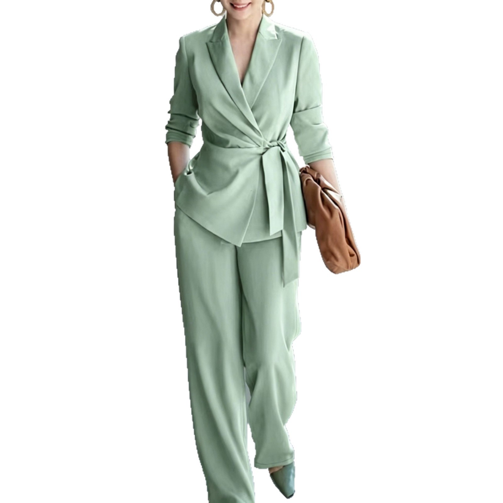 Women's Solid Color Belted Blazer and Pants Two-Piece Set