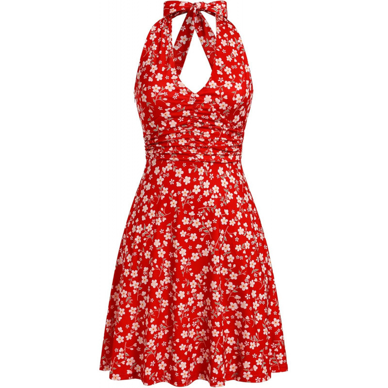 Women's Floral Halter V-Neck A-Line Short Dress