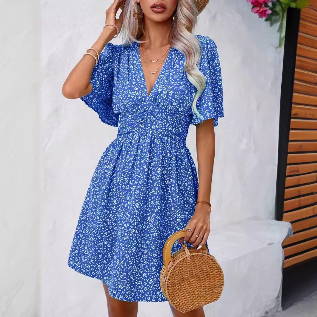 Deep V-Neck Ruffle Sleeve Smocked Floral A-Line Midi Dress