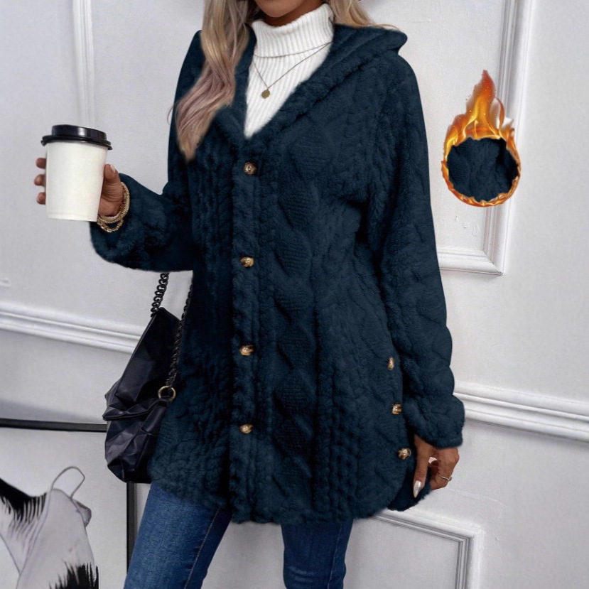 Women's Hooded Double-Fleece Cardigan Long-Sleeve Casual Warm Jacket
