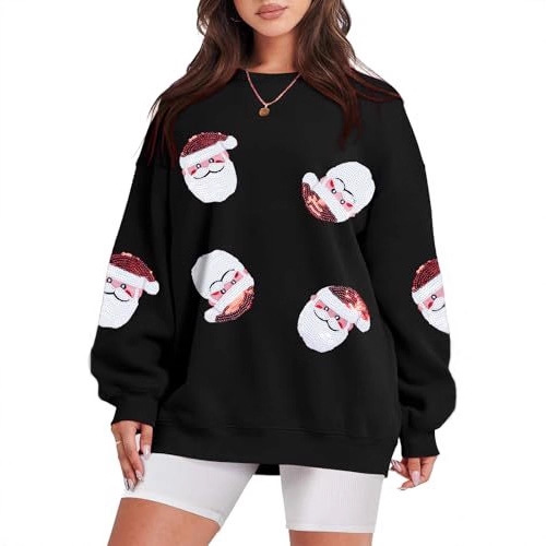 Women's Christmas Santa Tree Print Crewneck Sweatshirt