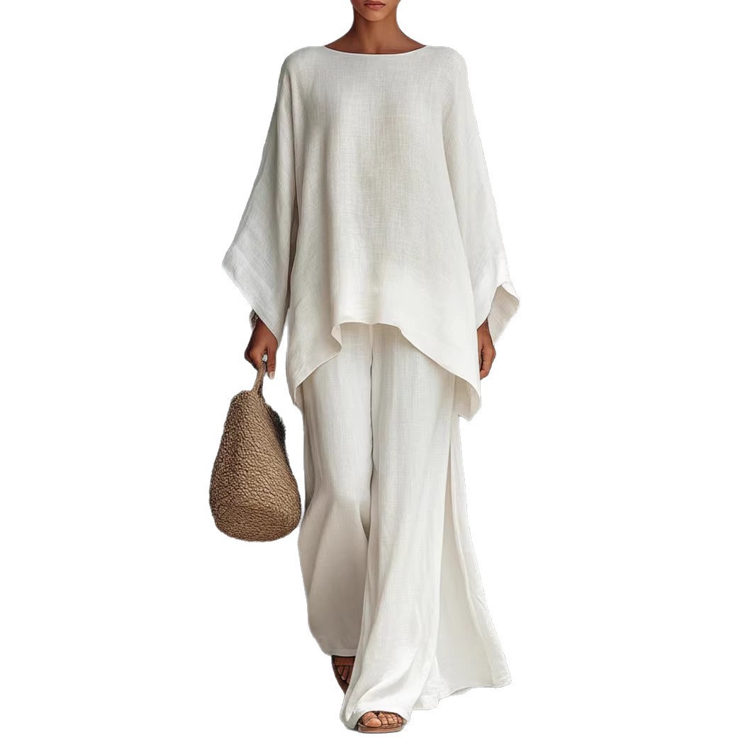 Women's Loose Linen-Blend Shirt & Wide-Leg Pants Set