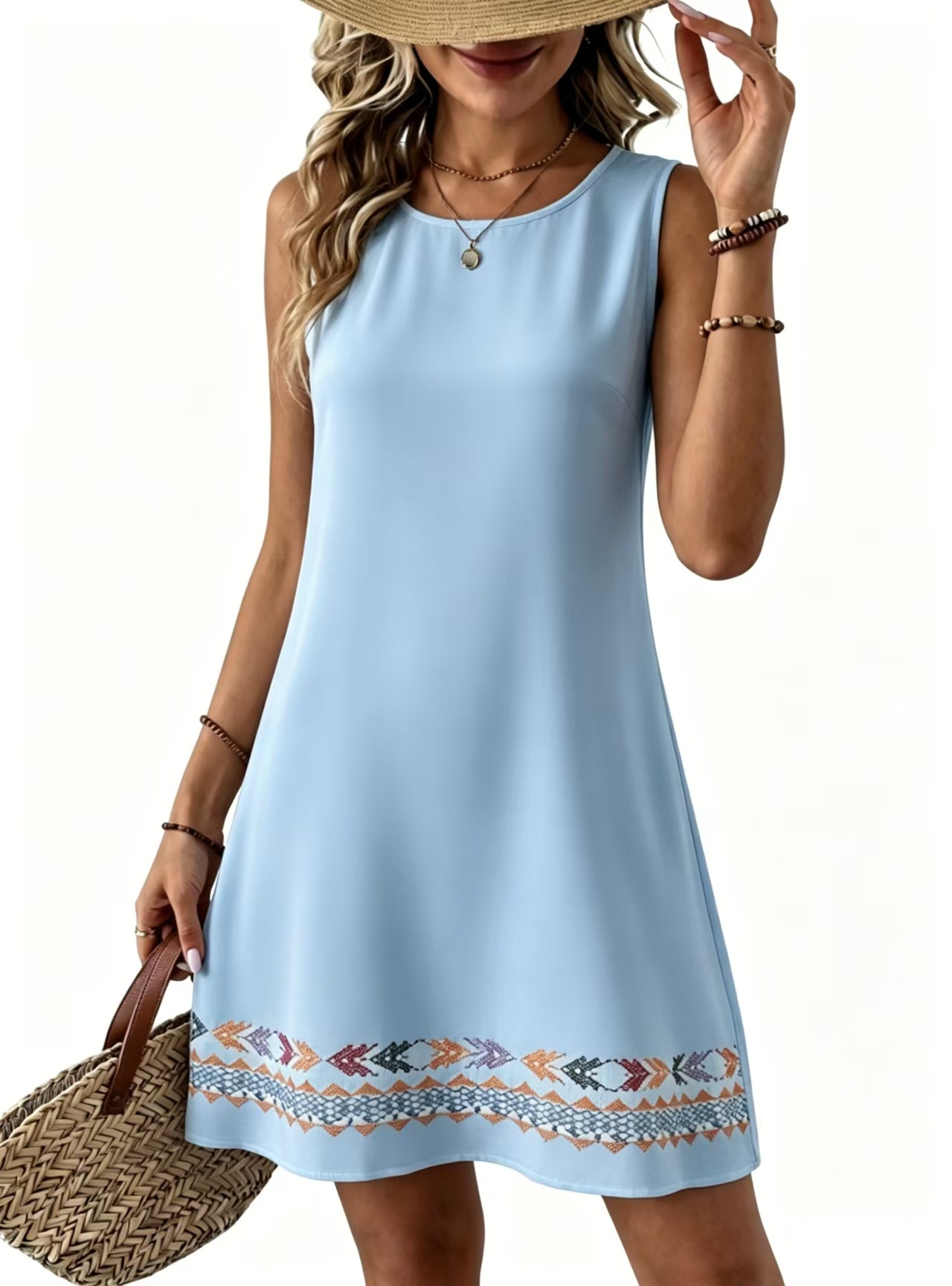 Women's Summer Round Neck Placement Print Linen-Texture Sleeveless Dress