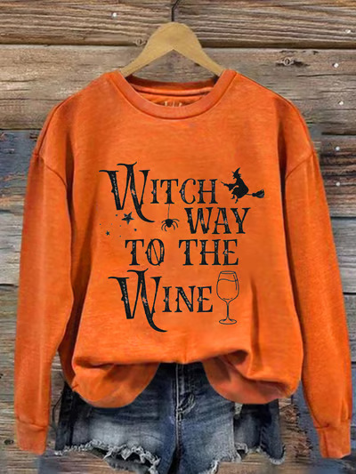 Women's Halloween Witch Wine Glass Print Crewneck Sweatshirt