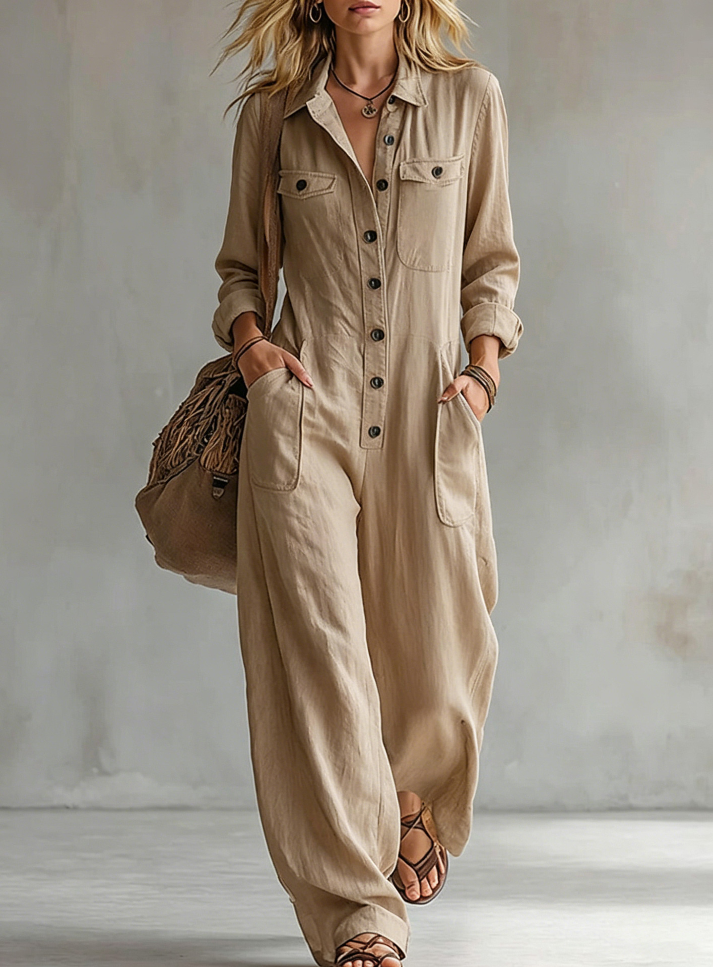 Women's Linen-Blend Cargo Jumpsuit with Collar, Long Sleeve, Wide Leg, Loose Fit