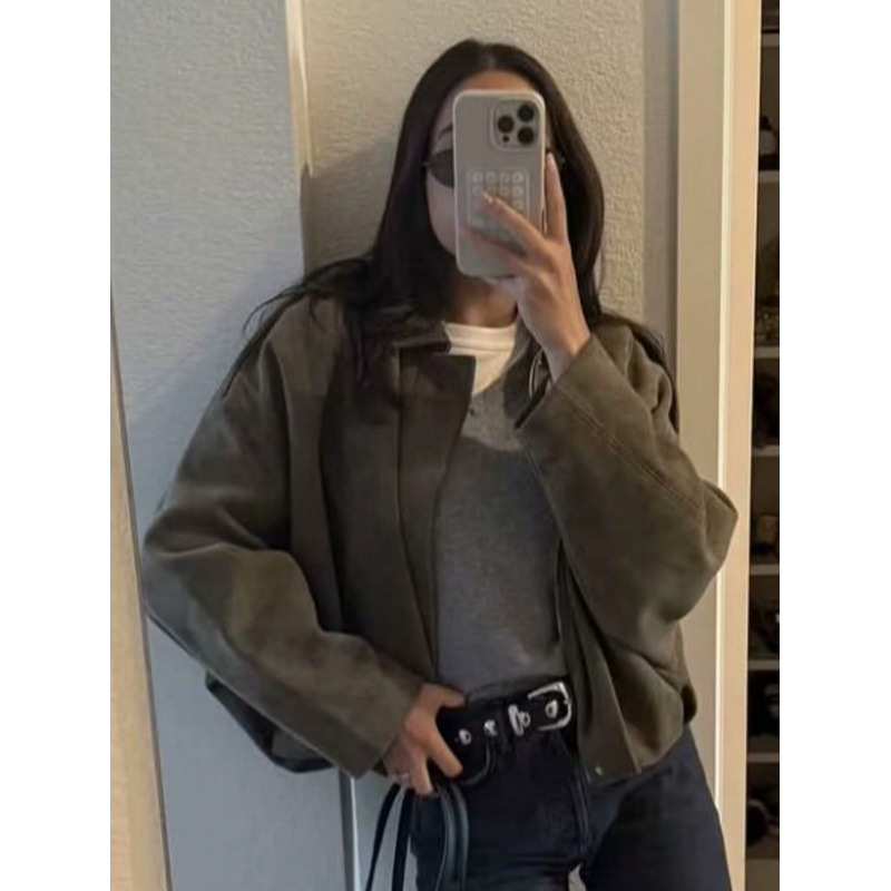 Sueded Faux Leather Bomber Jacket with Collar