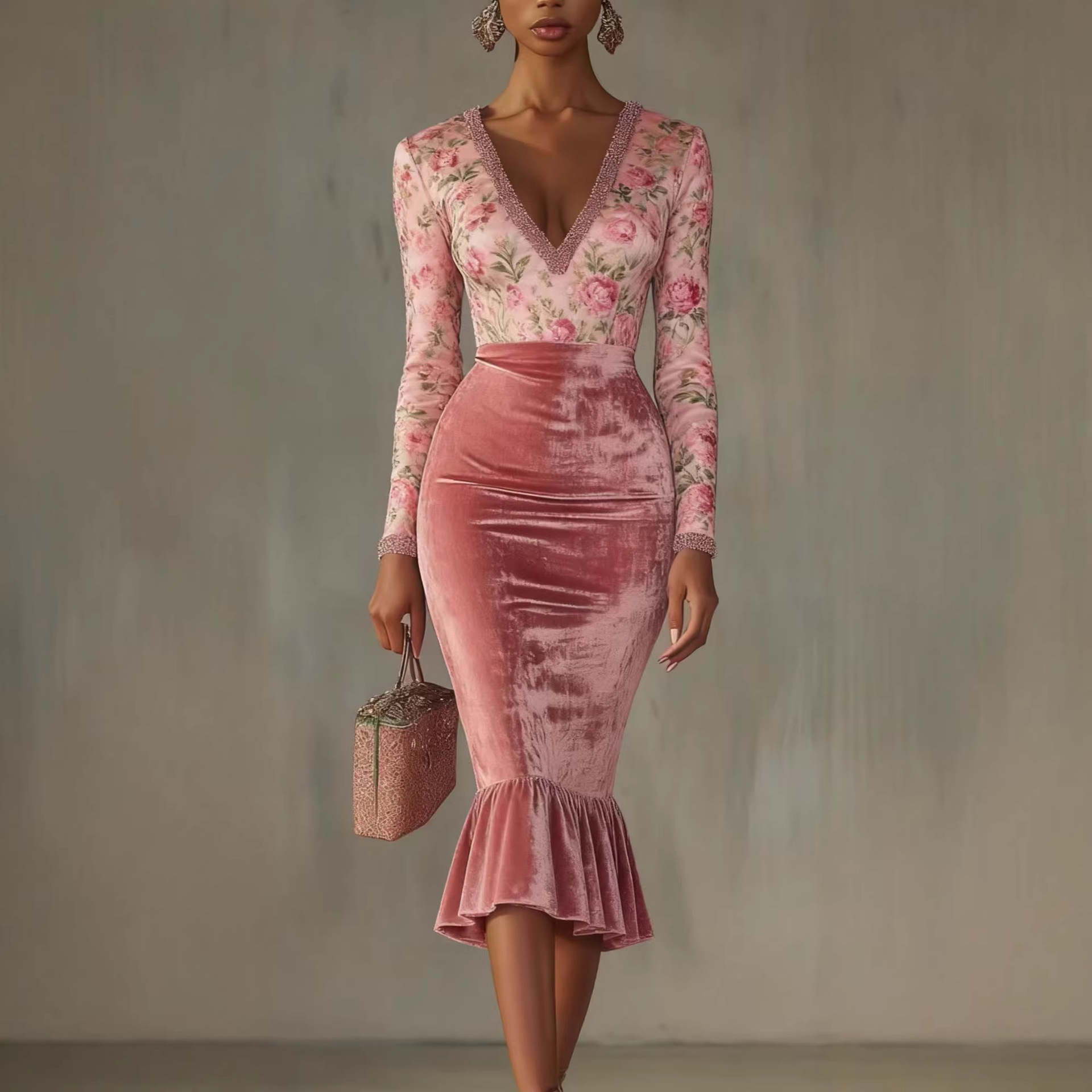 New Chinese Style Velvet Bodycon Midi Dress with Cutout