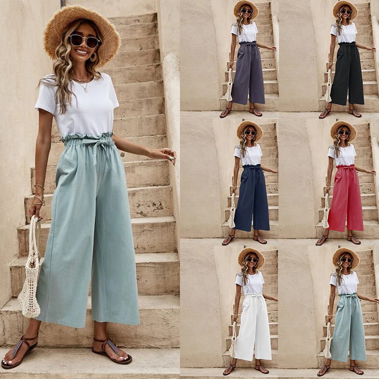 Women's Summer Cotton-Linen Wide-Leg Cropped Pants with Belt