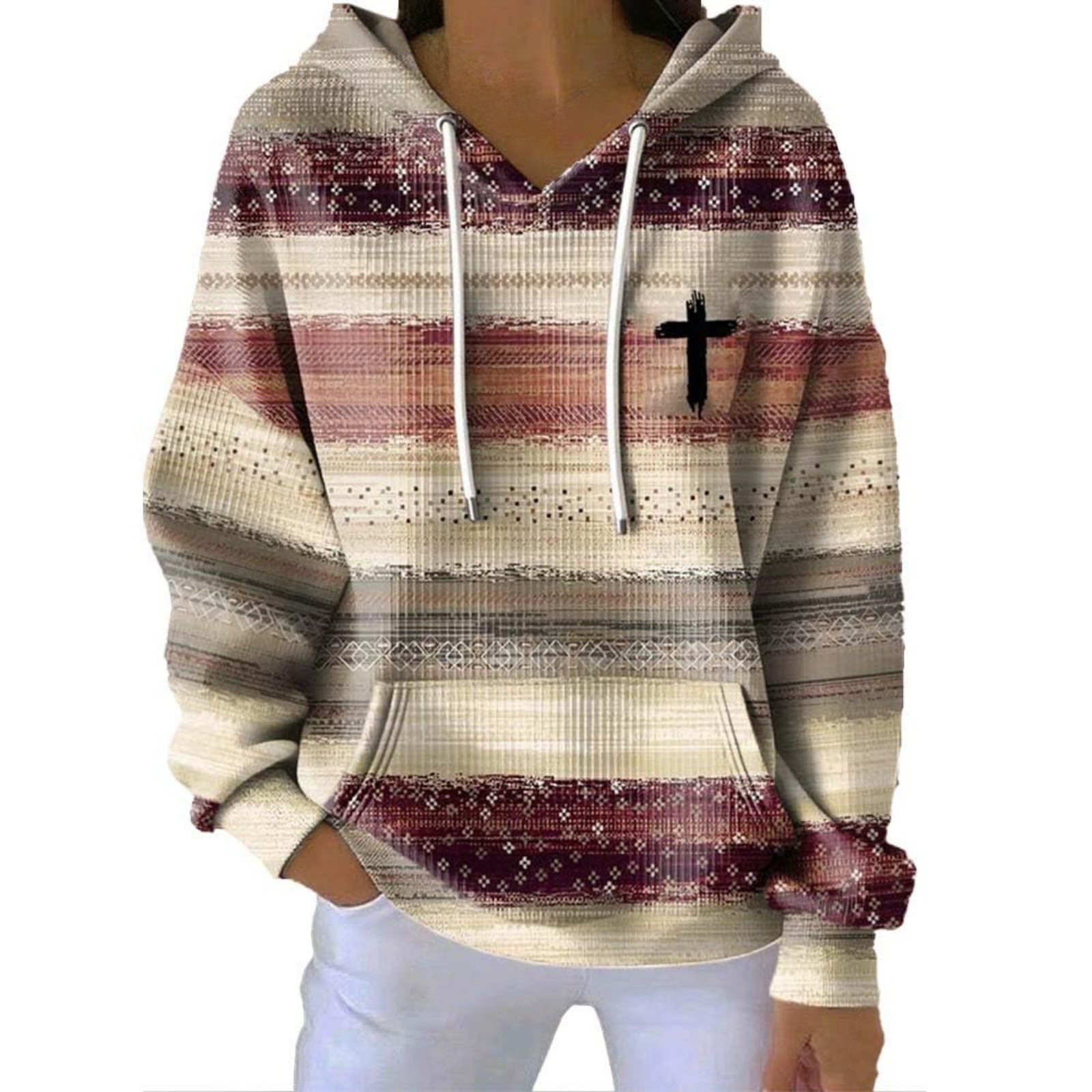 Women's Cross Print Ribbed Plaid Hooded Sweatshirt