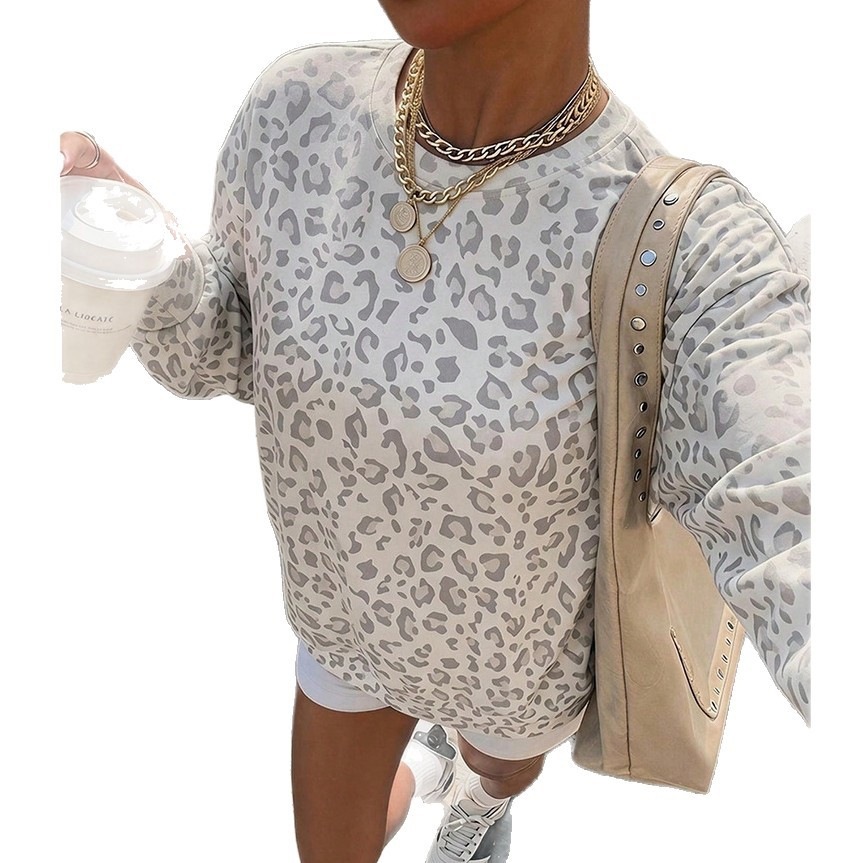 Leopard Print Crewneck Loose Fit Sweatshirt for Women
