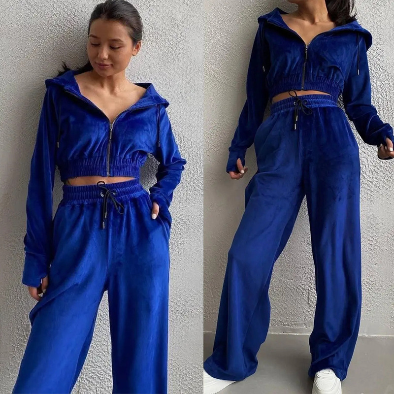 Women's Casual Solid Color Long Sleeve Zip Hoodie and Drawstring Pants Two-Piece Set