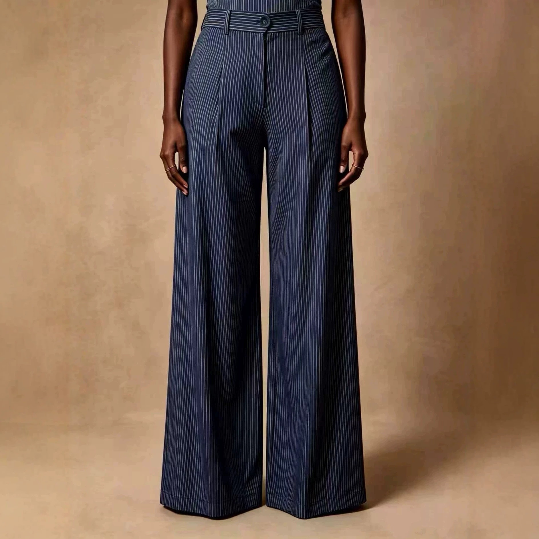 Retro High-Waist Pleated Wide-Leg Striped Pants
