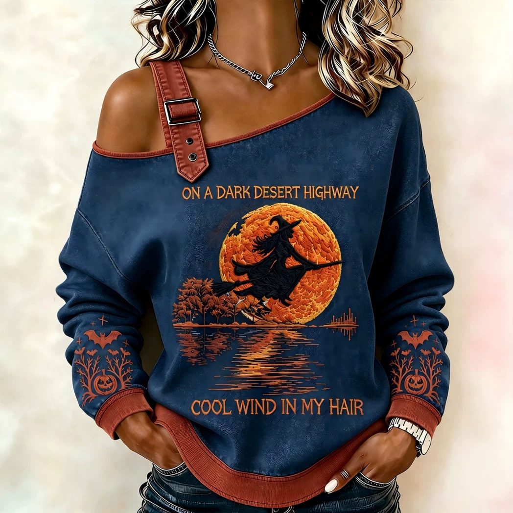 Halloween Witch Broom Print Crewneck Long-Sleeve Lace-Up Sweatshirt
