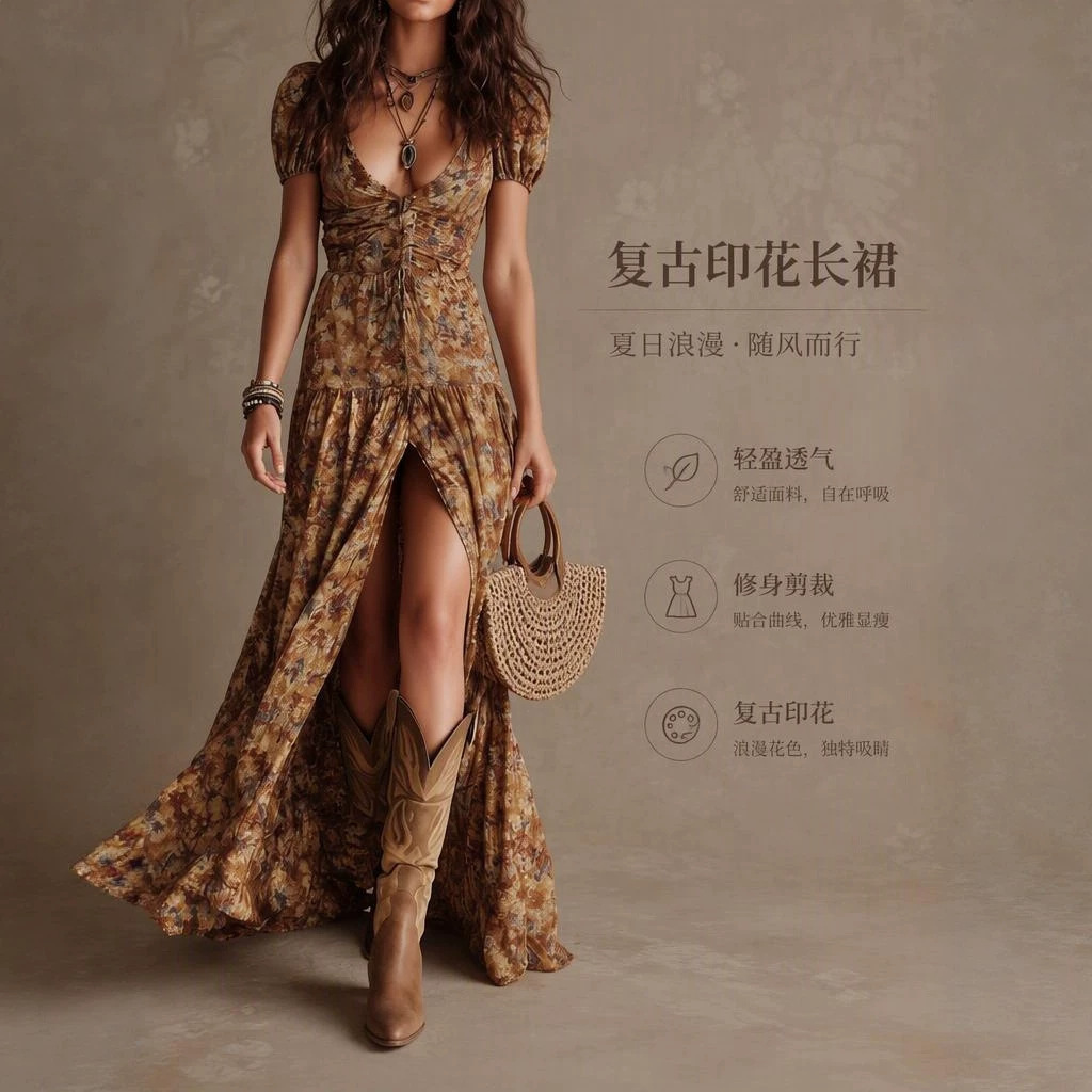Floral Print V-Neck Ruched Slit Midi Dress