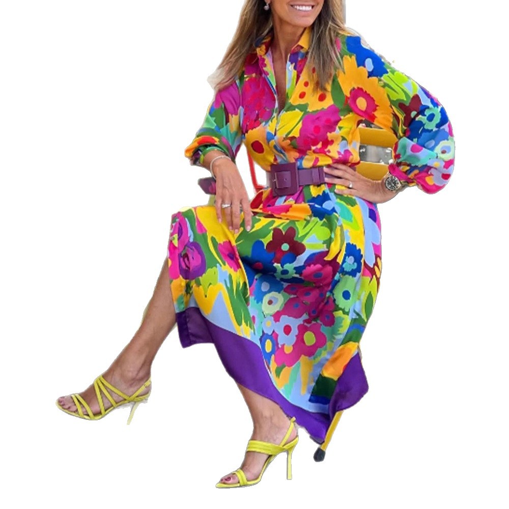 Elegant Floral Print Long Sleeve Shirt Dress