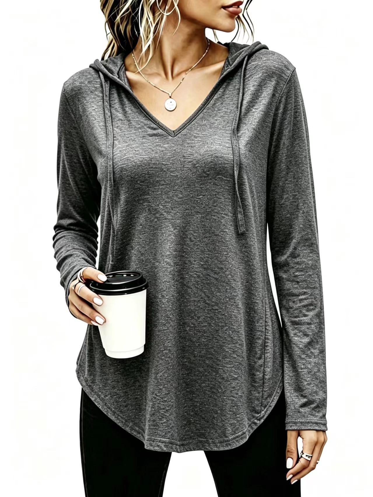 Women's Casual V-Neck Hooded Sweatshirt