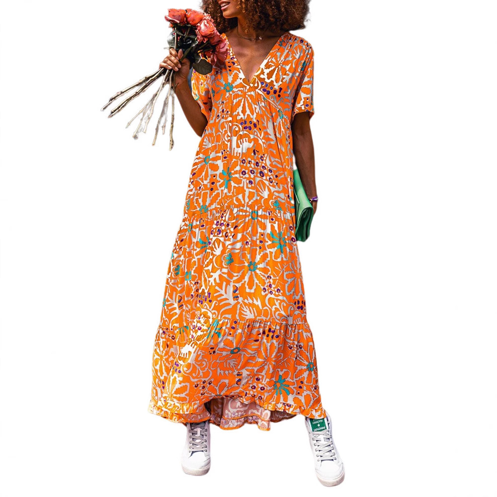 V-Neck Long A-Line Dress with Floral Print and Pleated Details