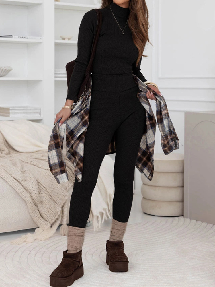 Women's Turtleneck Knit Two-Piece Set Slim Fit Top and Pants