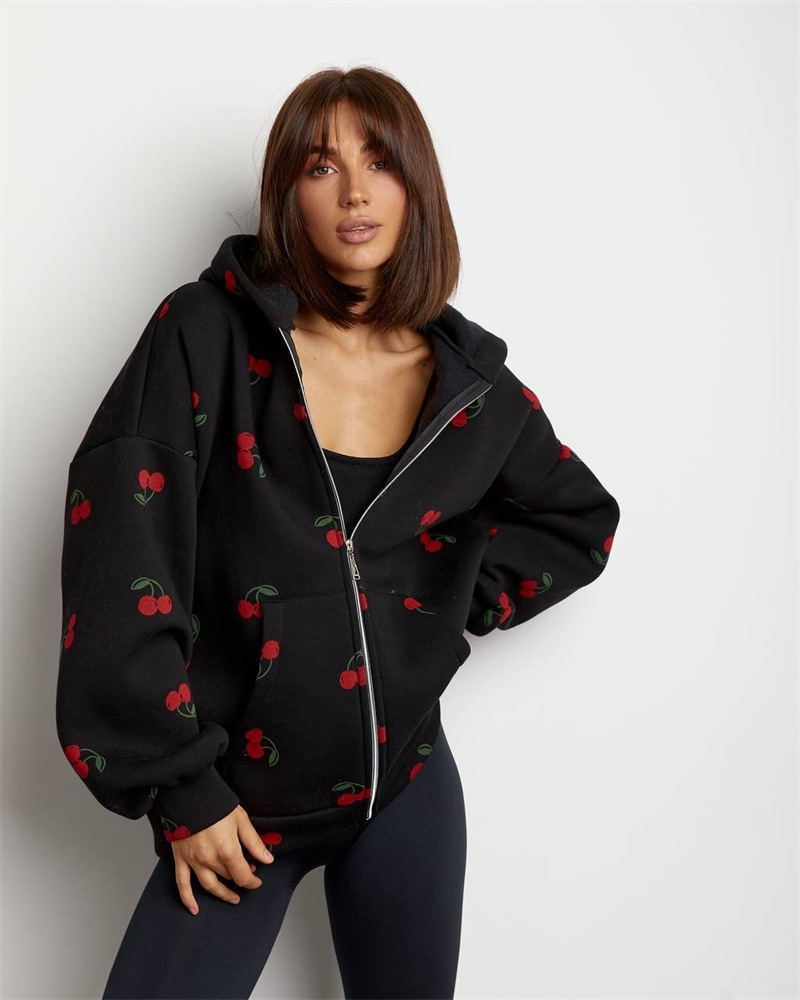 Cherry Print Hooded Zip-Up Sweatshirt Jacket