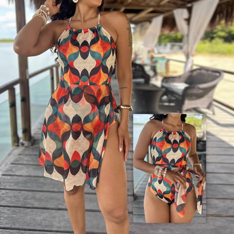 Women's Vintage Colorblock Halter Open-Back Tie Dress