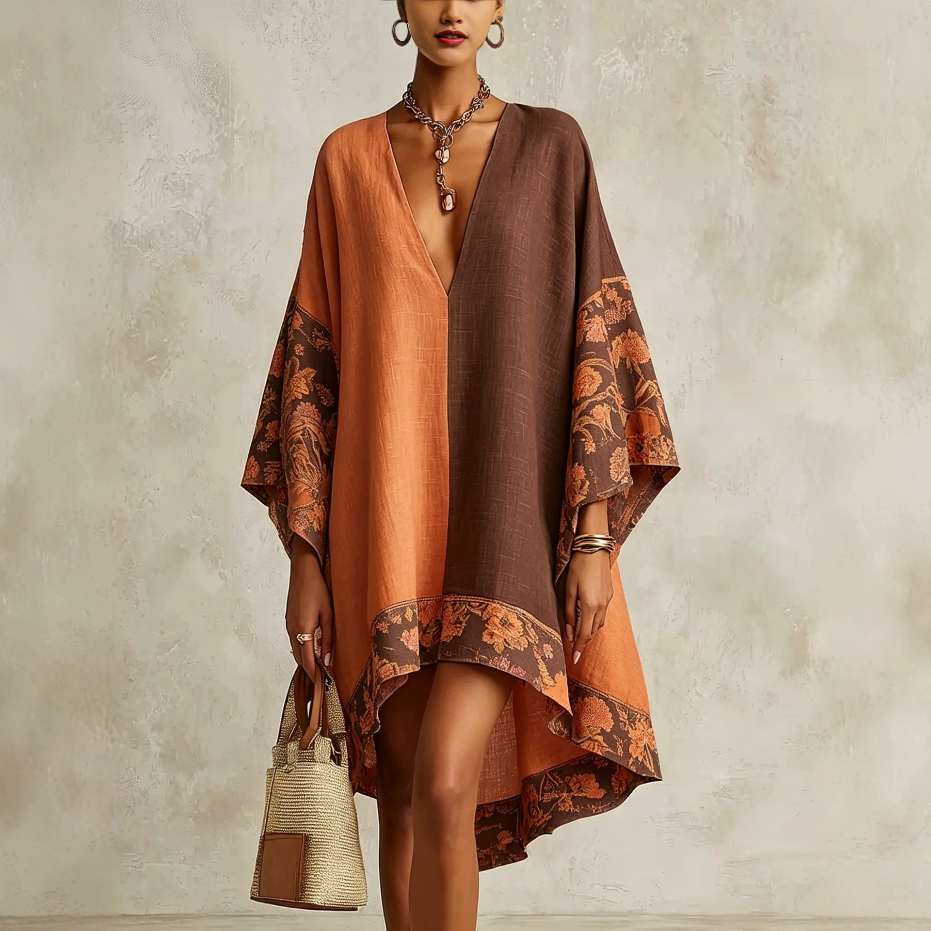 Color-Block V-Neck Loose Floral Print Bell Sleeve Irregular Vacation Dress