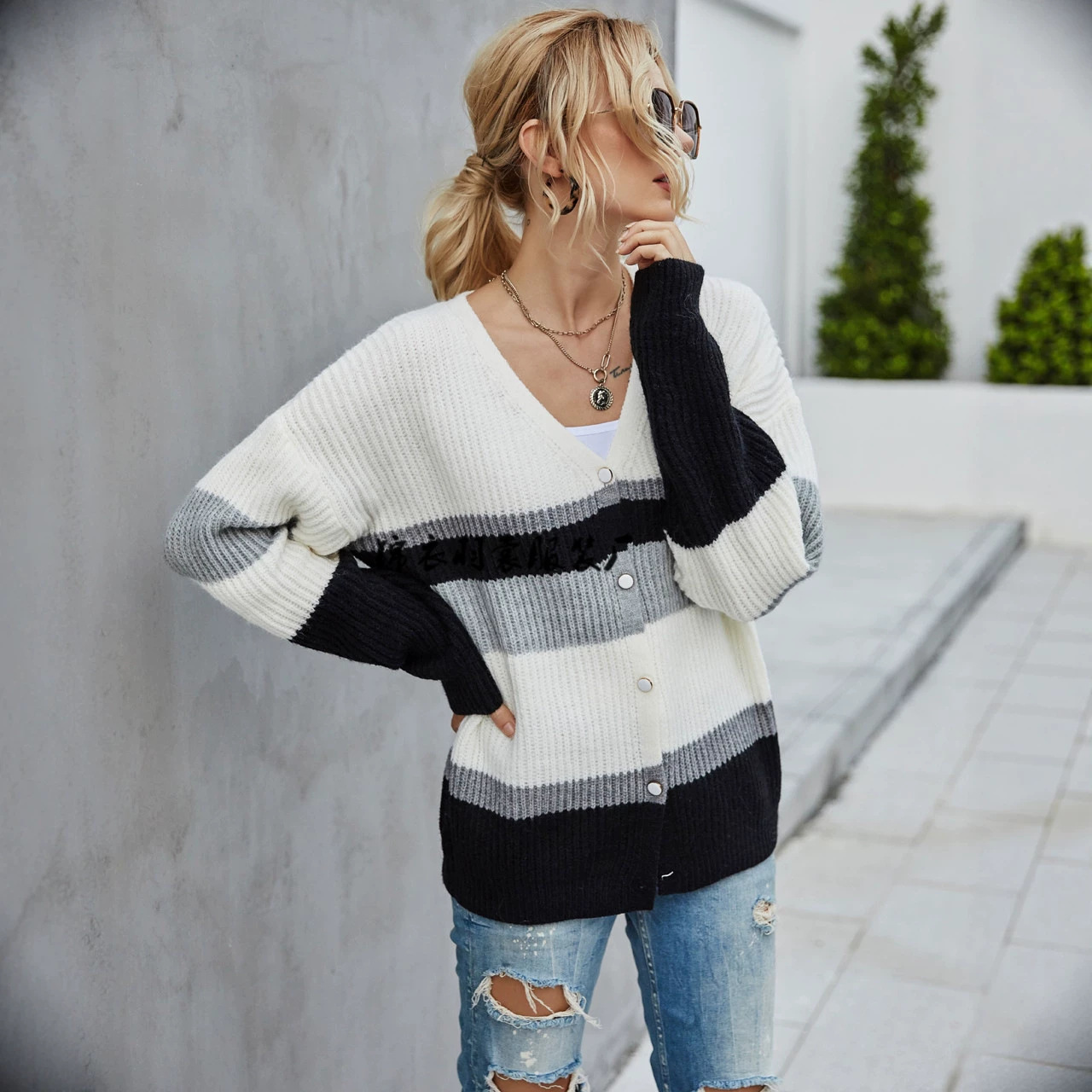 Women's Plus Size Striped Cardigan Sweater Knit Jacket