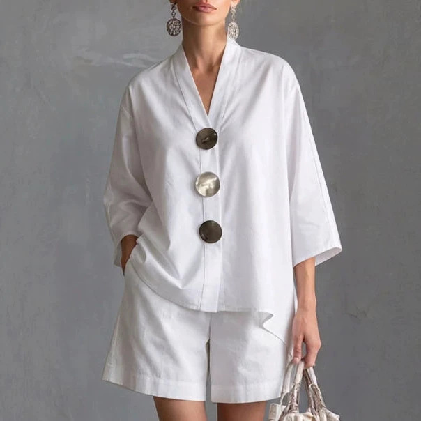 Women's Solid Color 3/4 Sleeve Loose Top High Waist Wide Leg Shorts Set
