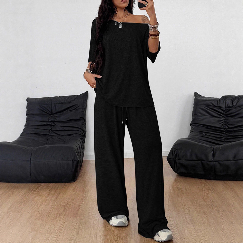 Women's Asymmetric Neck Wide-Leg Pants Set Solid Color Casual Two-Piece