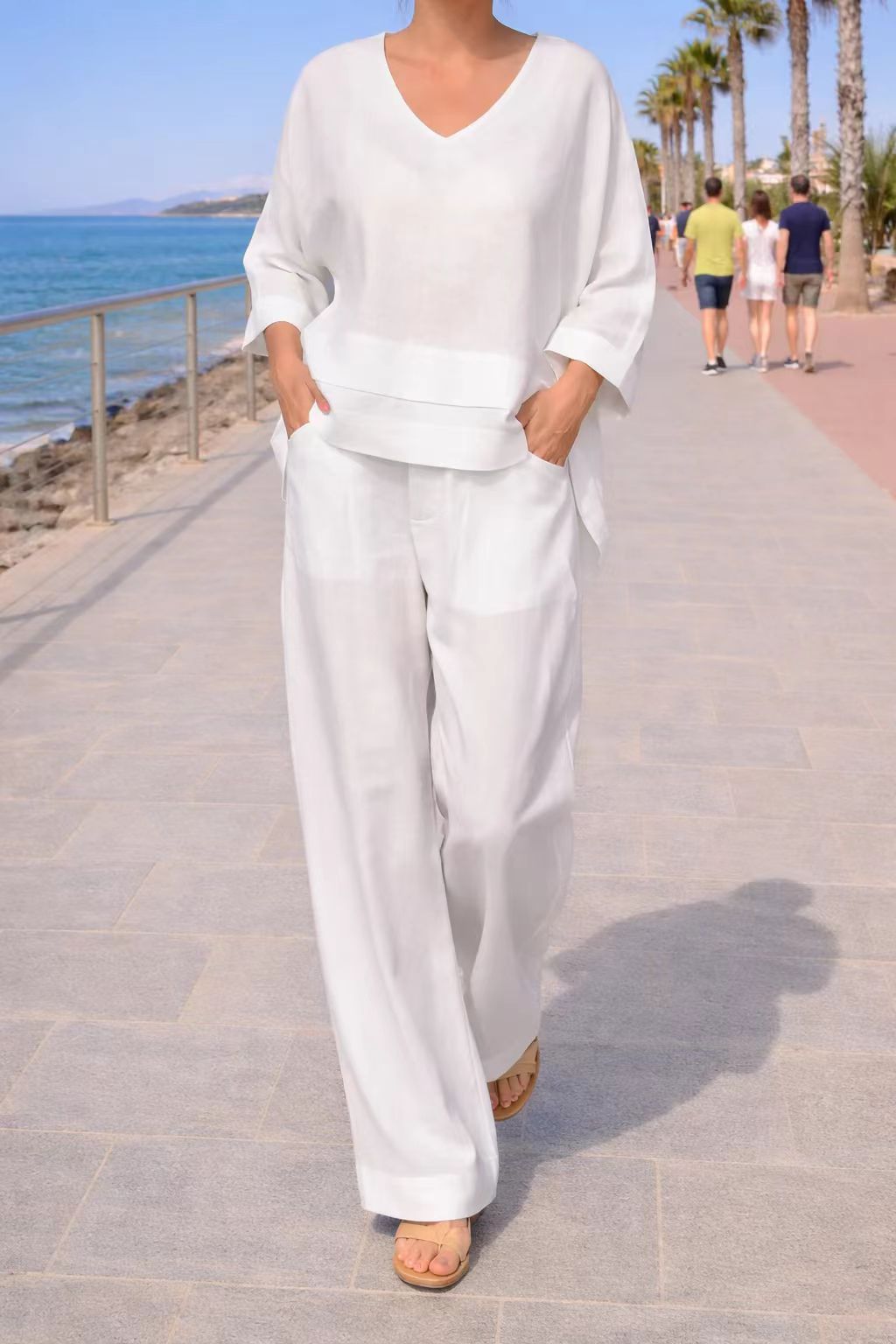 Solid Color Crewneck Long Sleeve Top and Straight Leg Pocket Pants Two-Piece Set