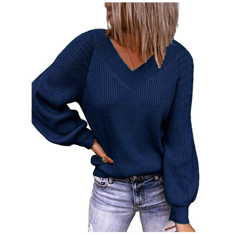 Women's Plus Size Loose V-Neck Solid Knit Pullover Sweater
