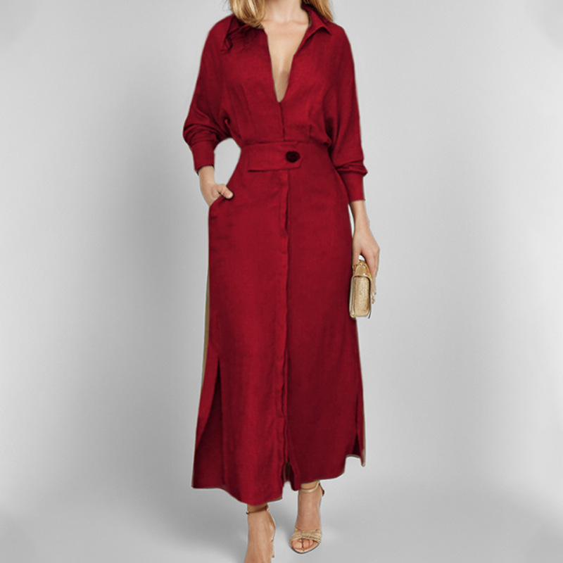 Women's Solid Tie-Waist Long Shirt Dress Commuter