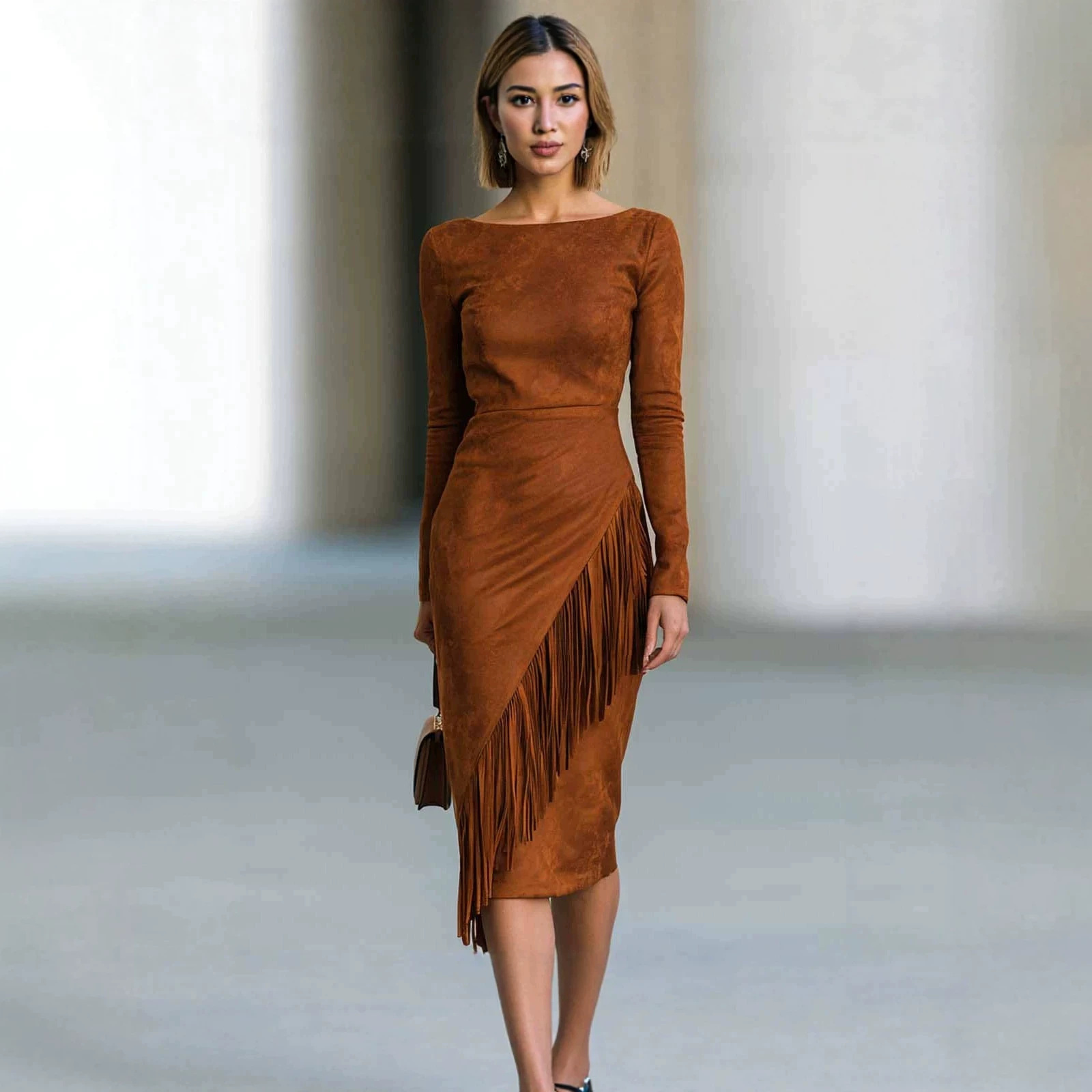 Bohemian Faux Suede Fringe Patchwork Long Dress