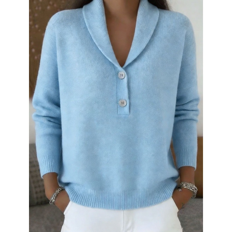 Women's Knit Button Polo Sweater Solid Color Casual Loose Fit Long Sleeve