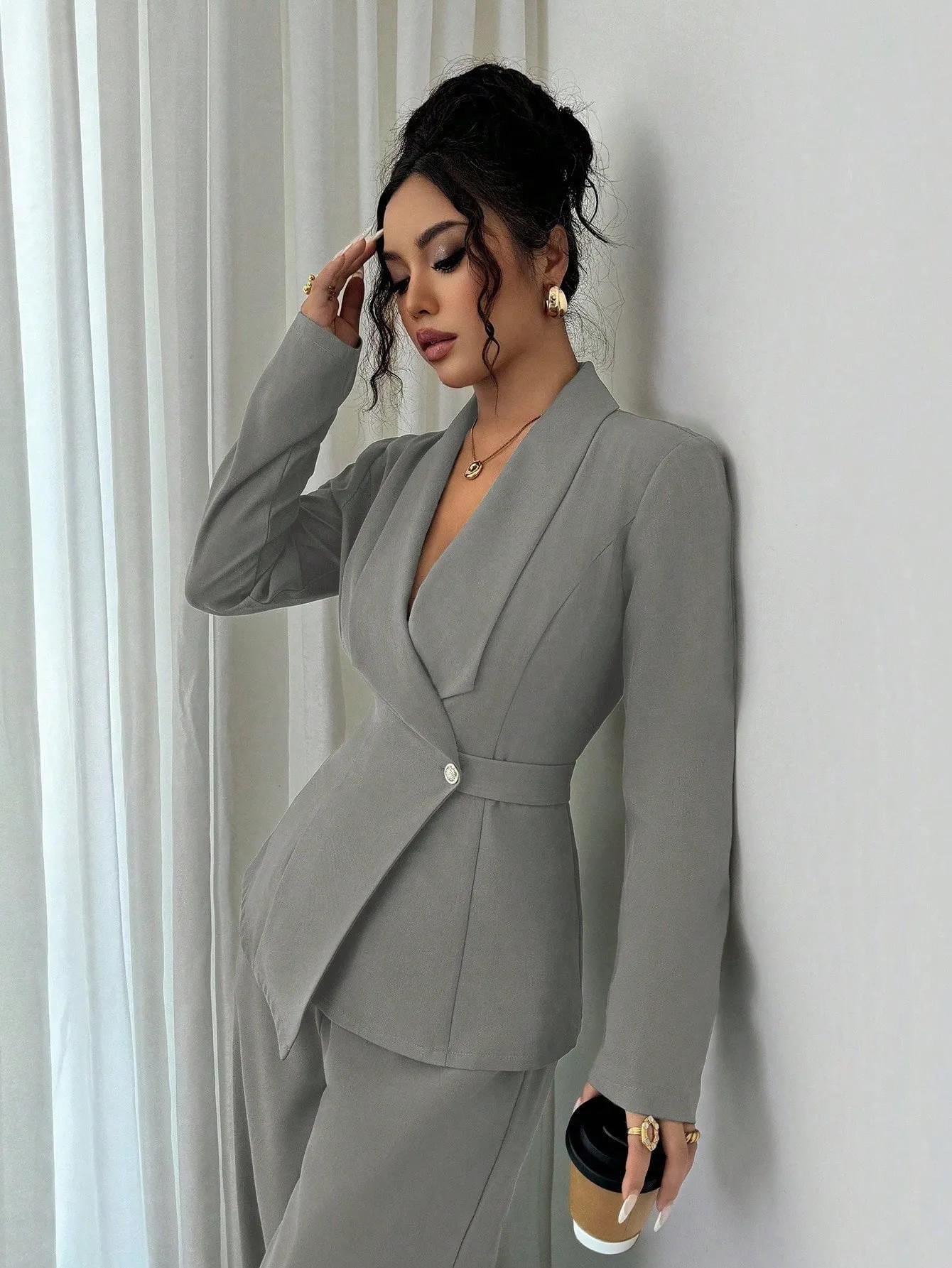 Women's Solid V-Neck Long Blazer and Wide-Leg Pants Two-Piece Set