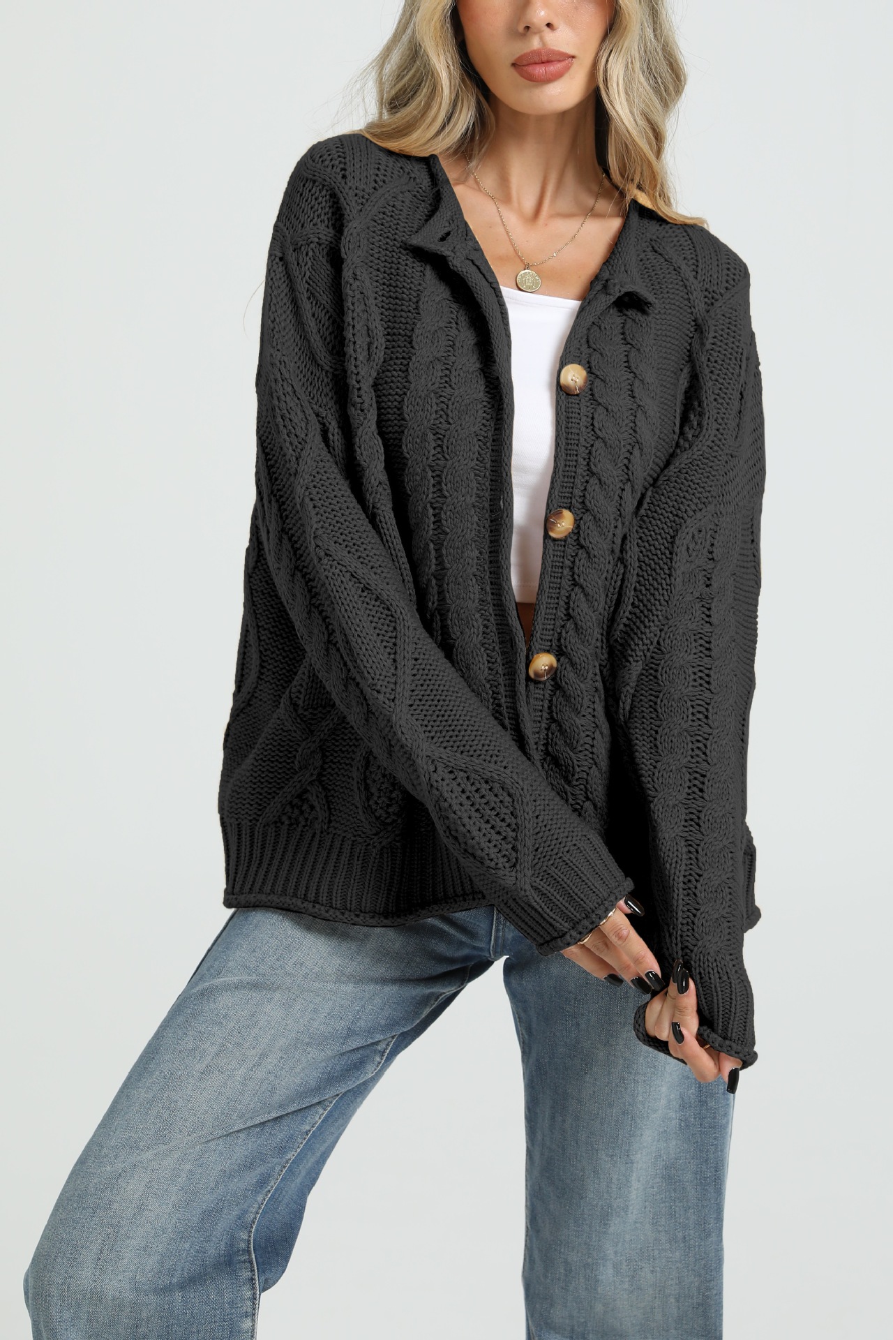 Women's Cable-Knit Cardigan Sweater Loose Fit Button-Up
