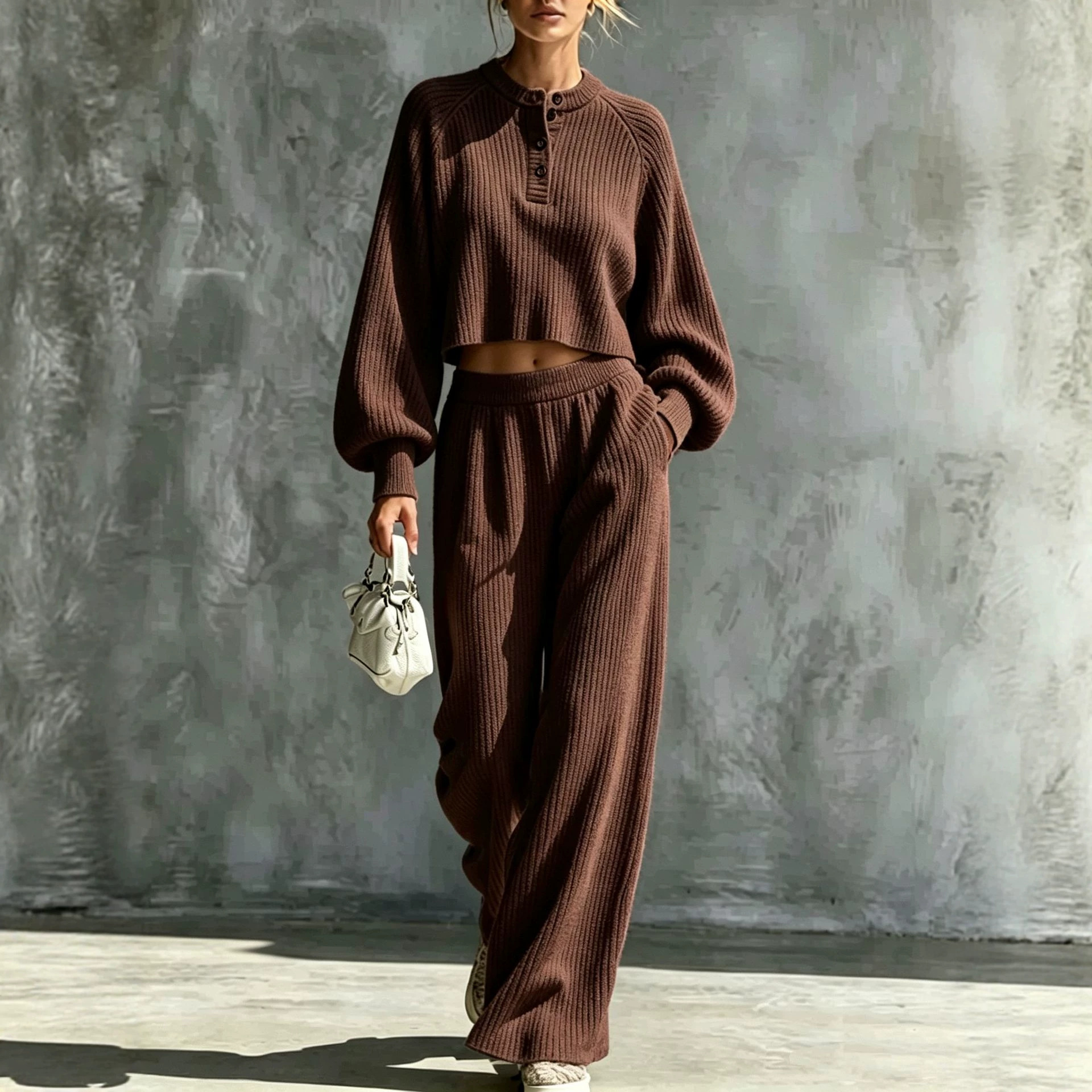 Women's Solid Color Knit Button-Down Loose Two-Piece Set